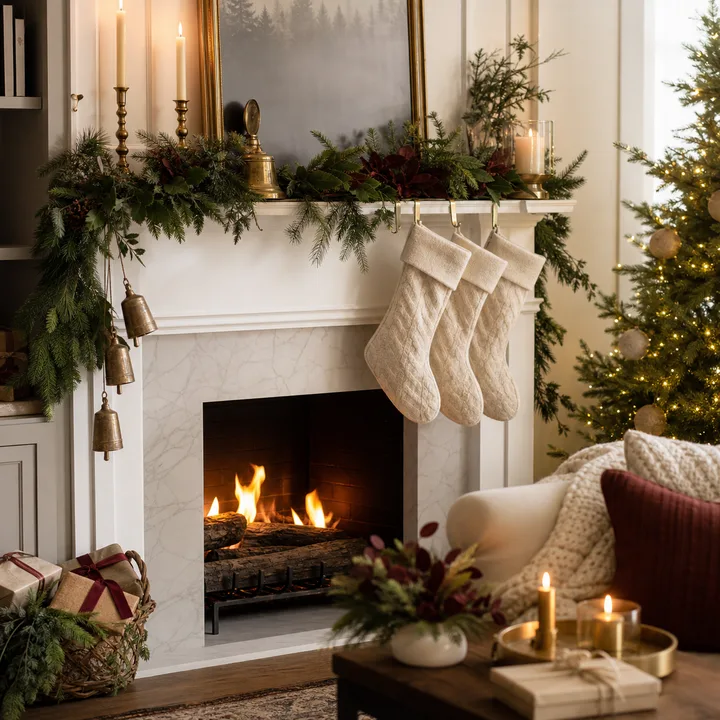 Cozy Christmas mantel with garland, stockings, candles, and wrapped gifts