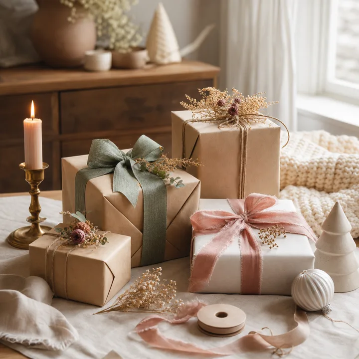 Thoughtfully wrapped gifts on a linen table with ribbon, candles, and soft seasonal styling