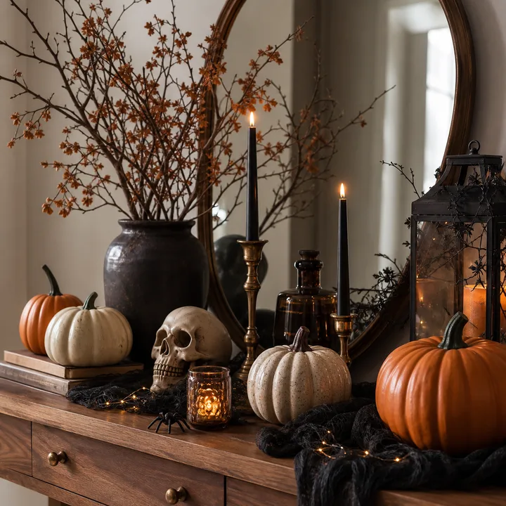 Cozy Halloween console table with ceramic pumpkins, lanterns, candles, and warm neutral decor