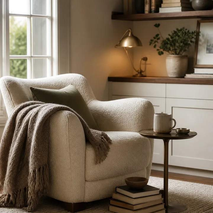 Cozy reading nook with upholstered chair, books, throw blanket, warm lamp, and side table