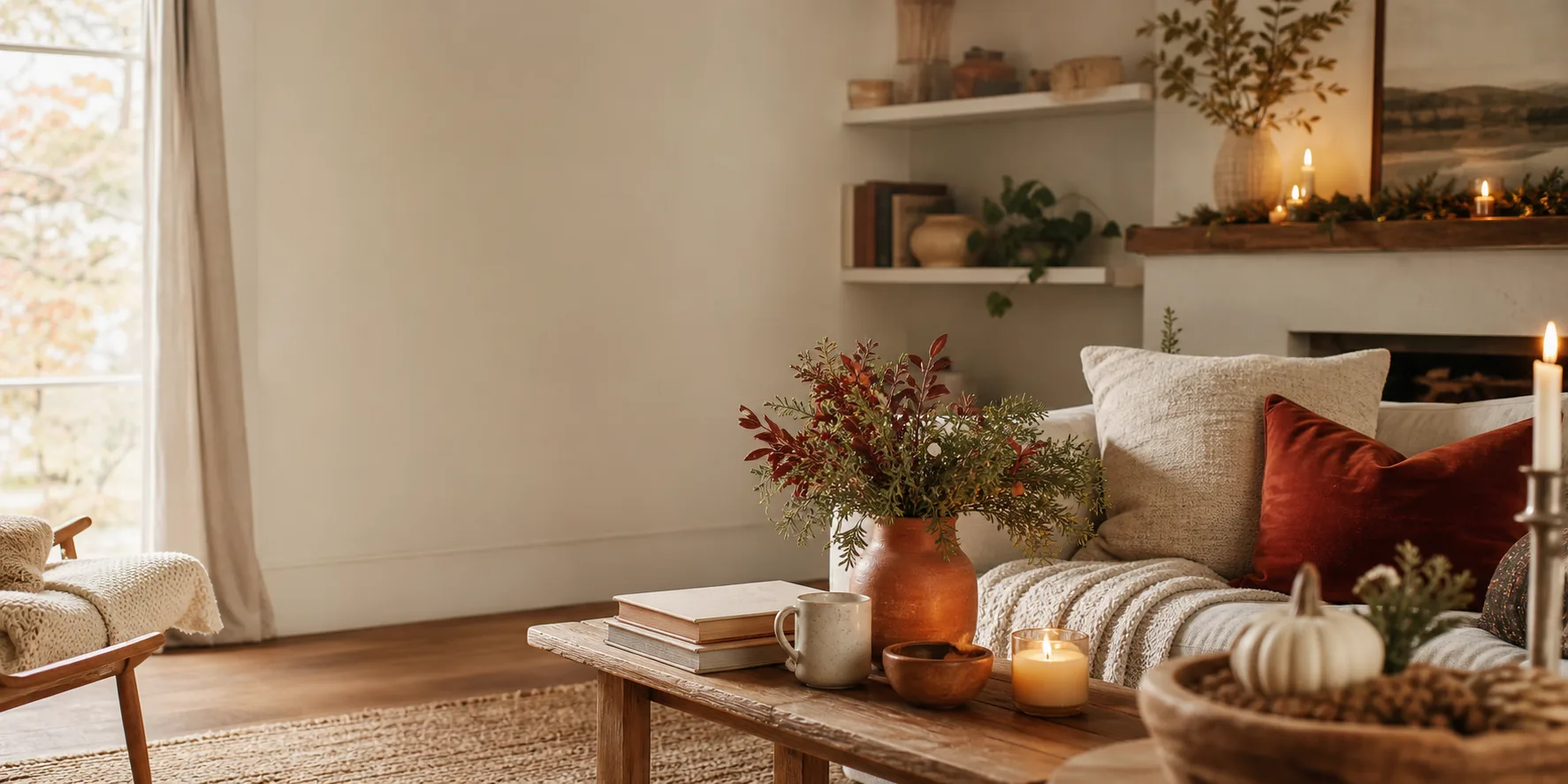 Warm living room with cozy textiles, candles, books, and seasonal styling